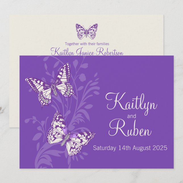 Papillons faire-part de mariage crème blanche viol (Devant / Derrière)