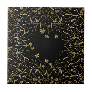Papillons Fleurs Or Black Carreaux en céramique