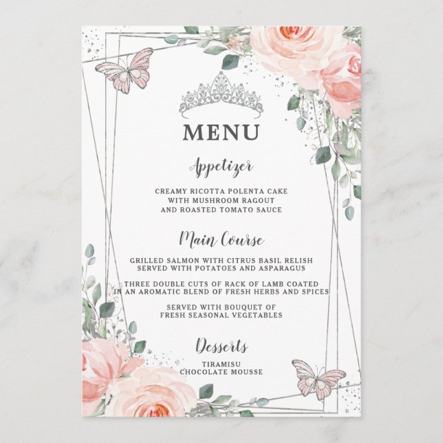 Papillons Floraux bleus Quinceañera Sweet 16 Menu (Devant)
