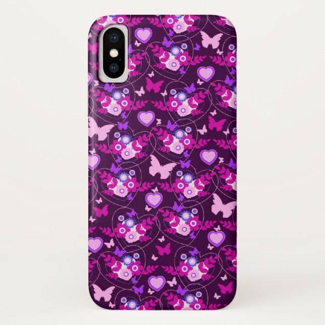 Papillons floraux & coeurs coque iphone rose (Dos)