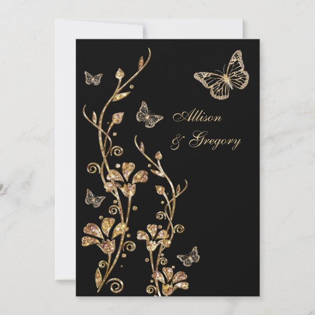 Papillons floraux d'or noir Faire-part de mariage (Devant)