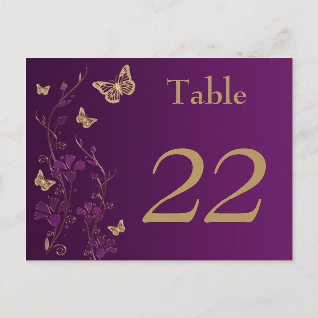 Papillons floraux mauve, or Carte Numéro de tablea (Devant)