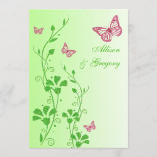 Papillons floraux roses et verts Faire-part de mar