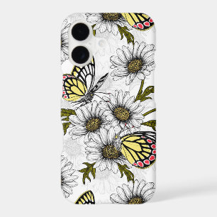 Papillons Jézabel et fleurs marguerites sur blanc