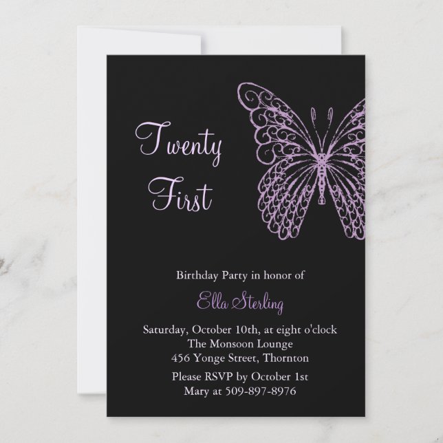 Papillons luttering Invitation 21e anniversaire (Devant)