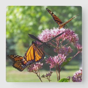 Papillons Monarque sur Fleurs violettes Horloge mu