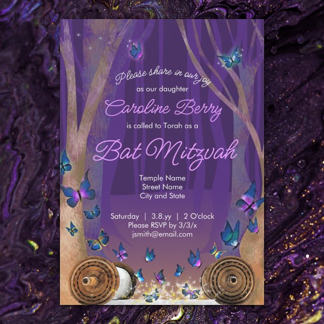 Papillons pourpres, Scrolls Invitation Bat mitzvah (magical forest purple bat mitzvah invitations, torah scrolls, sparkles)