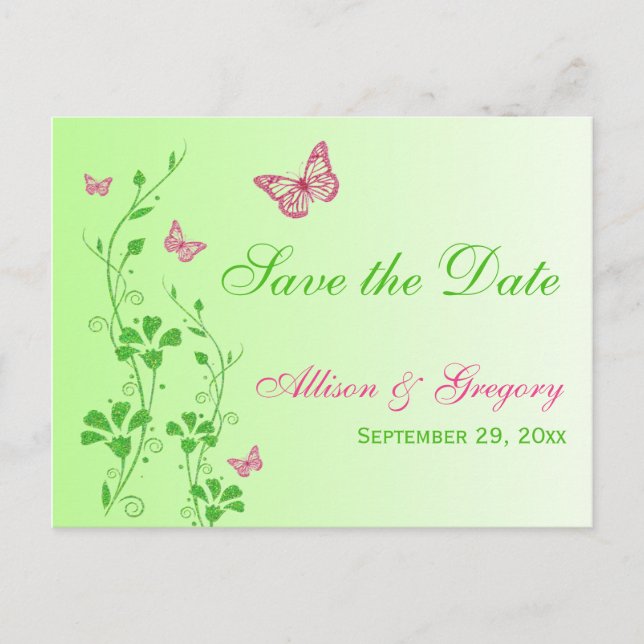 Papillons rose et vert Enregistrer la date Carte p (Devant)
