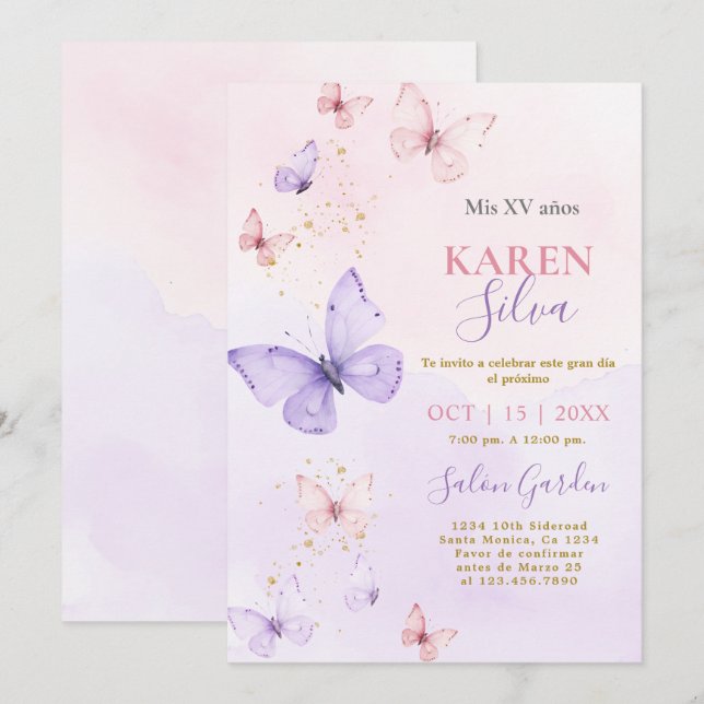 Papillons rose et violet Quinceañera Invitation (Devant / Derrière)