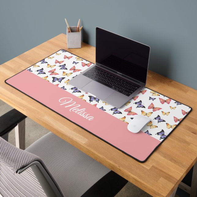 Papillons Rose Violet Monogramme Nom (Bureau 2)