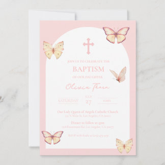 Papillons roses Baby Girl Baptism Invitation
