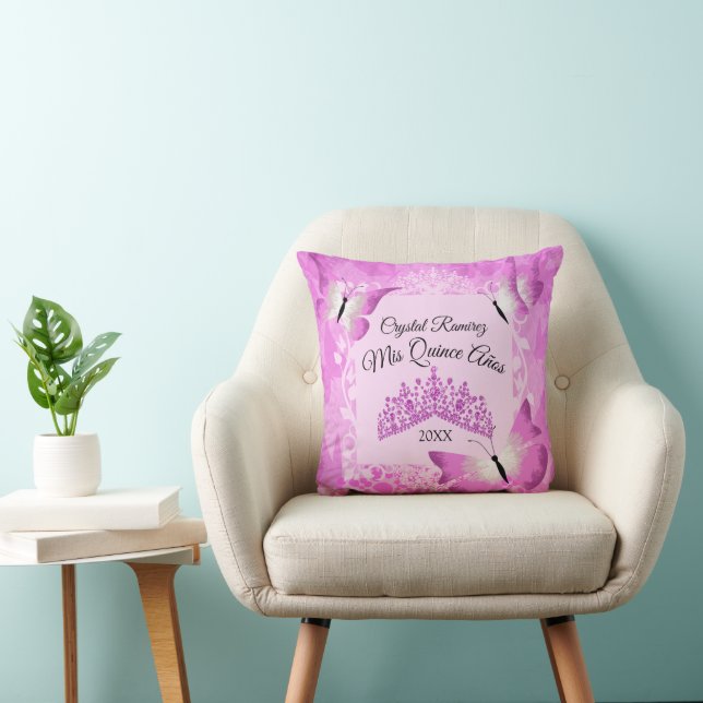 Papillons roses et Coussin Tiara Quinceanera (Chaise)