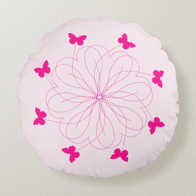 Papillons roses Fleurs cardiaques Coussins rondes (Devant)