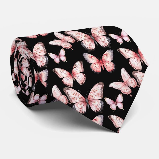 Papillons roses sur Cravate noir (Roulé)