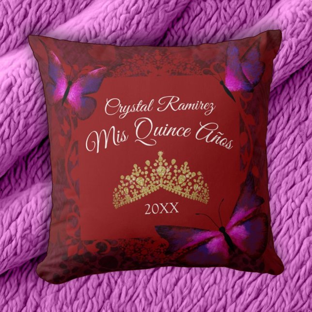 Papillons rouges, Gold Tiara Quinceanera Coussin (red and gold quinceanera throw pillow, mis quince keepsake, gift for red quinceanera theme)