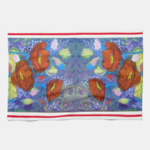 Papillons rouges sur le linge de cuisine bleu
