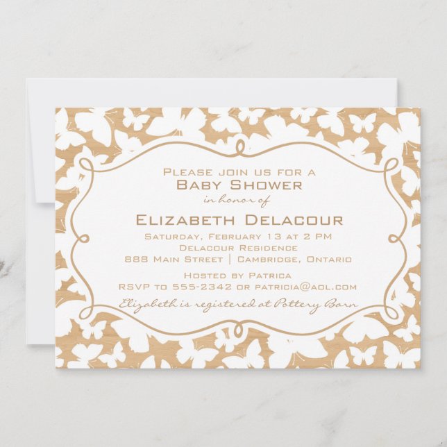 Papillons sur Motif bois Invitation Baby shower (Devant)