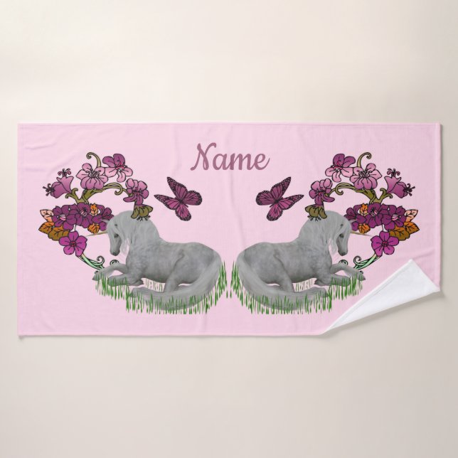 Papillons Unicorne Et Fleurs Personnalisés (Serviette de bain)