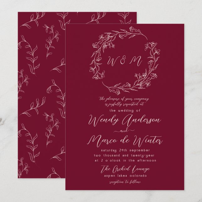Paprika and Oyster Pink Boho Botanical Wedding Invitation (Front/Back)