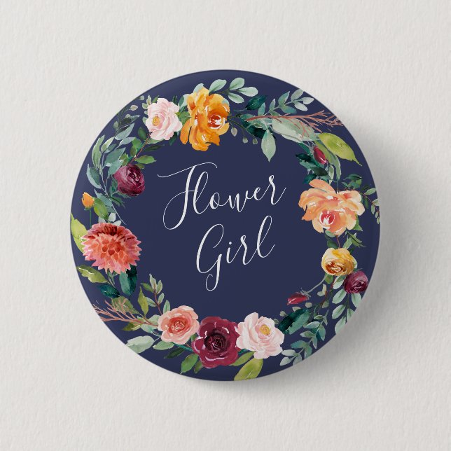 Paprika Burgundy Floral Flower Girl Button (Front)