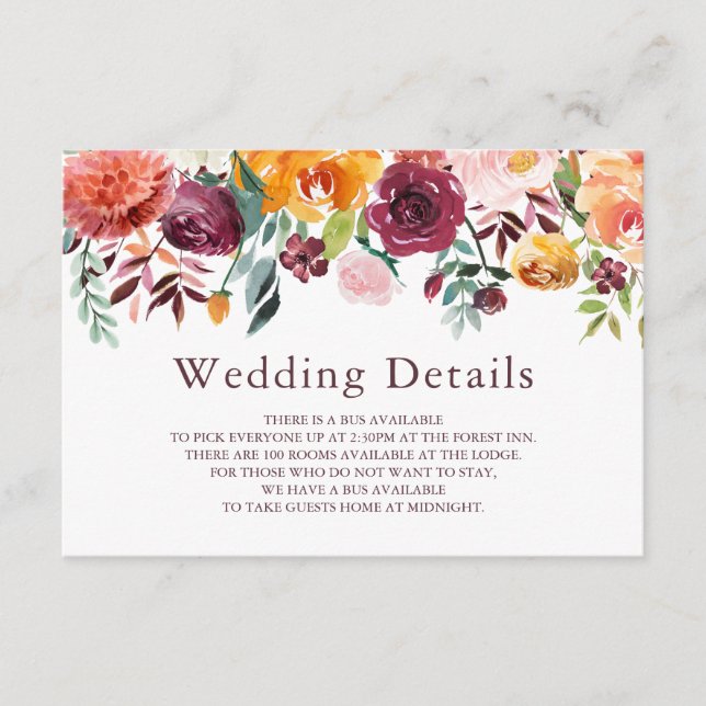 Paprika Burgundy Floral Wedding Details Card (Front)