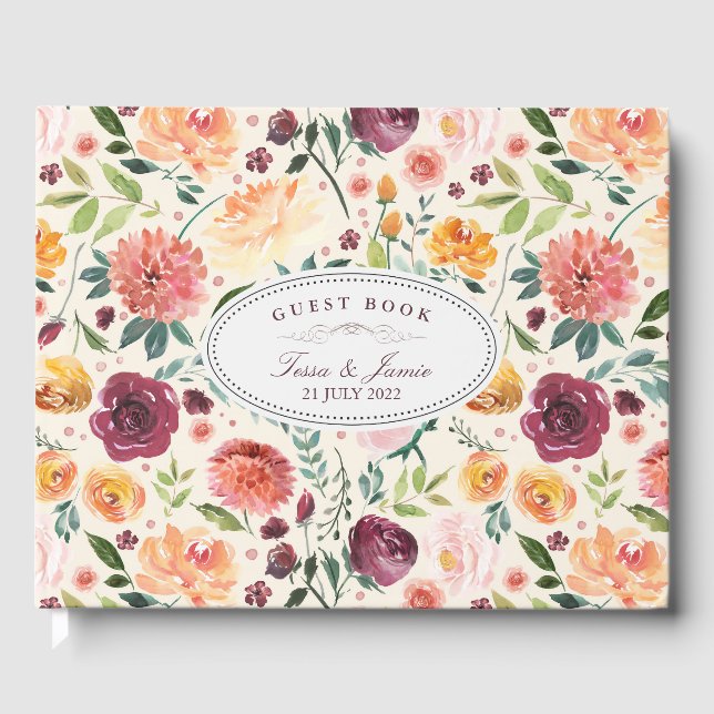 Paprika Burgundy Floral Wedding Guest Book (Front)