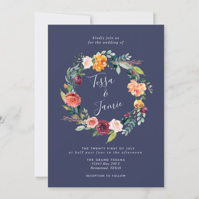 Paprika Burgundy Floral Wreath Wedding Invitation (Front)