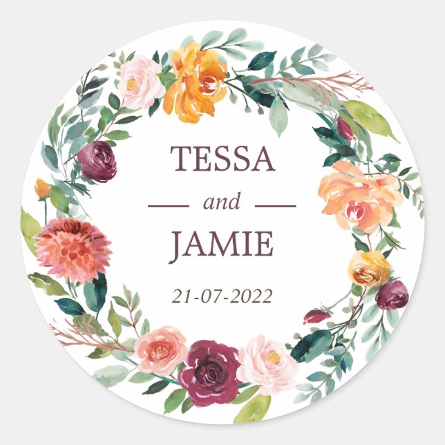 Paprika Floral Wreath Wedding Favor Sticker (Devant)