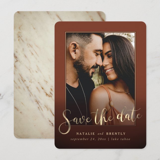 Paprika Sienna Gold Script & Marble Photo Overlay Save The Date (Front/Back)