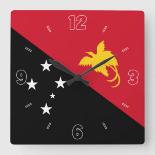 Papua New Guinea Flag red Black Numbers Patriotic Square Wall Clock