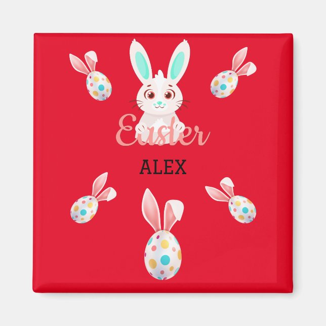 "PÂQUES" MAGNET BUNNY AVEC OEUFS ET NOM SPECKLED. (Devant)