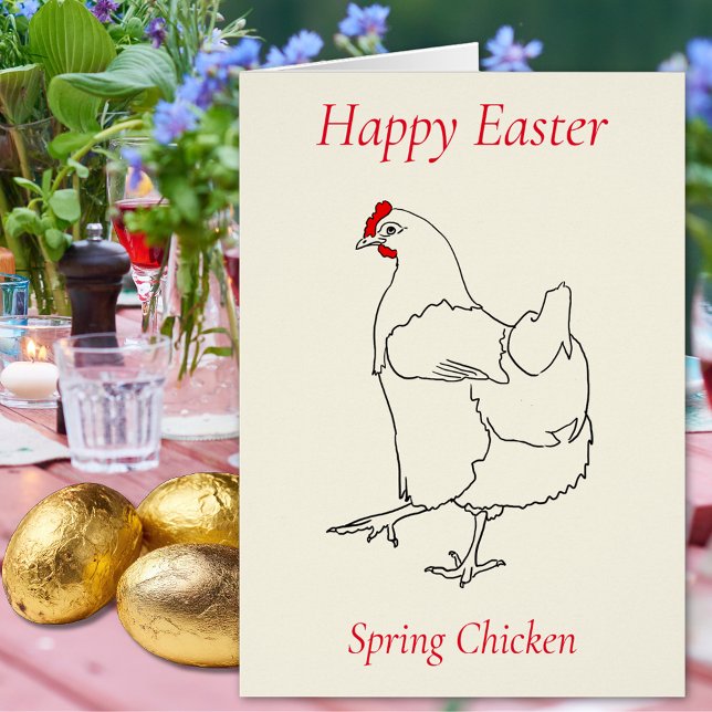 Pâques Printemps Poulet dessin simple (Happy easter spring chicken cute hen minimalist line art drawing Folded holiday greetings card)