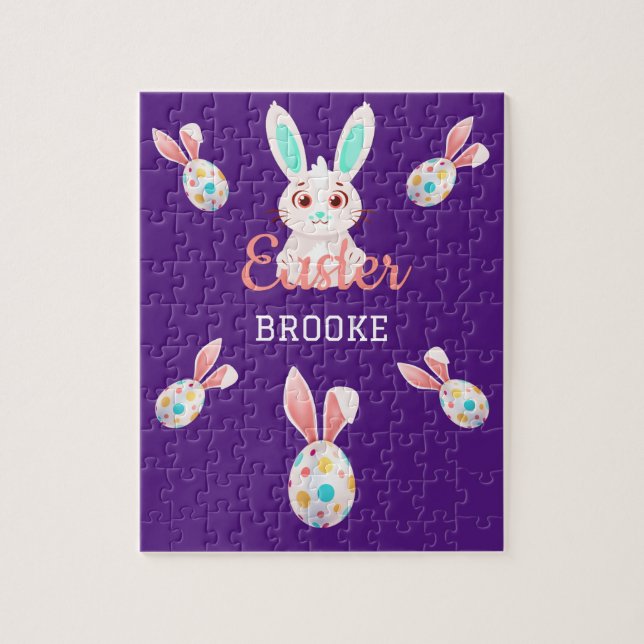 "PÂQUES" PUZZLE BUNNY AVEC OEUFS ET NOM SPECKLED. (Vertical)