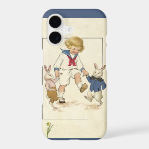 Pâques vintage, garçon dansant avec des lapins