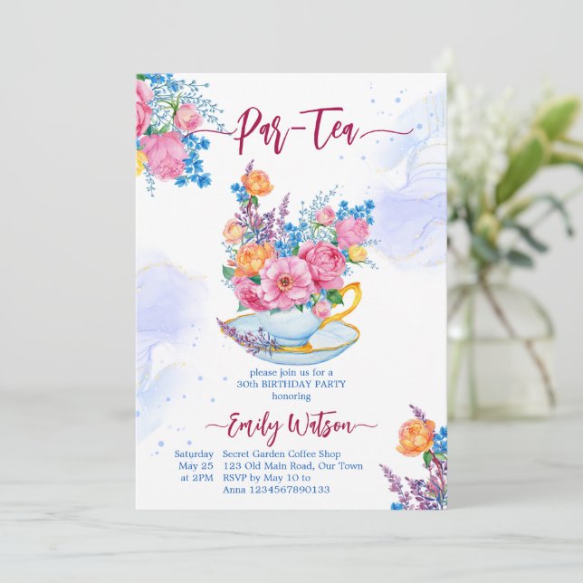  Par-tea birthday party cup filled with flowers Invitation (Standing Front)