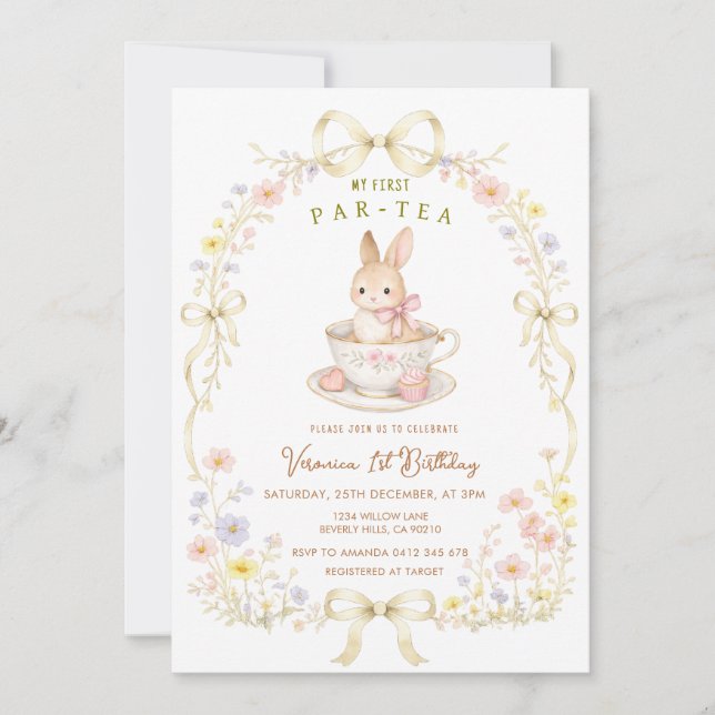 Par-Tea Bunny 1st Birthday wildflower  Invitation (Front)