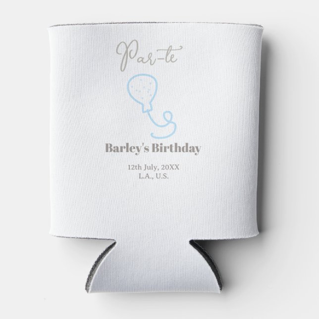 par tee birthday grey blue balloon scribble name can cooler (Front)