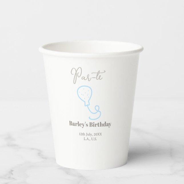 par tee birthday grey blue balloon scribble name paper cups (Front)