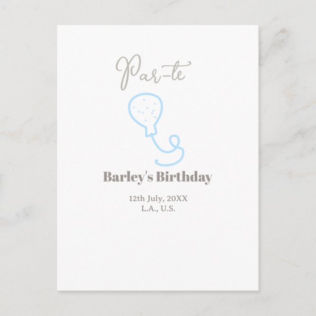 par tee birthday grey blue balloon scribble name postcard (Front)