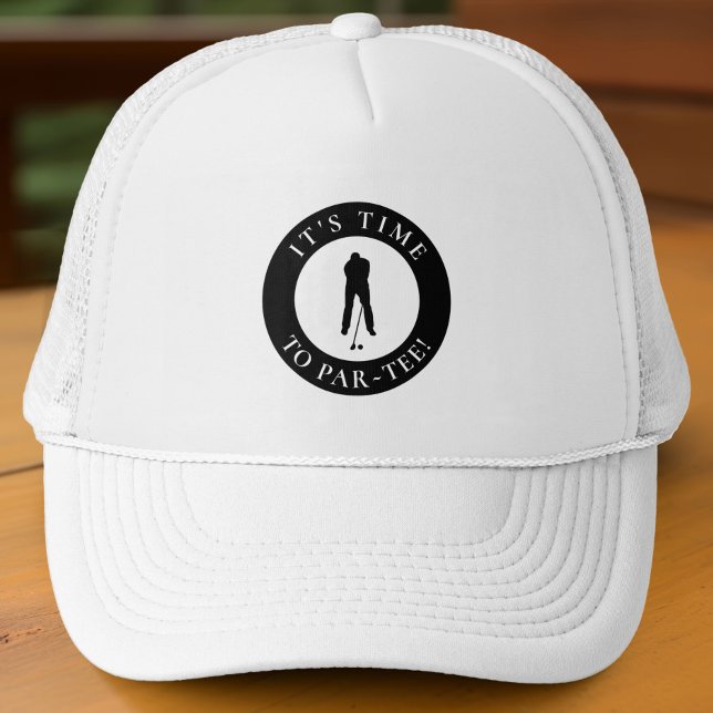 Par Tee Time Funny Men's Golfer For Him Trucker Hat (Black mesh hat with Par-Tee golfer logo—fun, bold, and perfect for tournaments or gifting.)