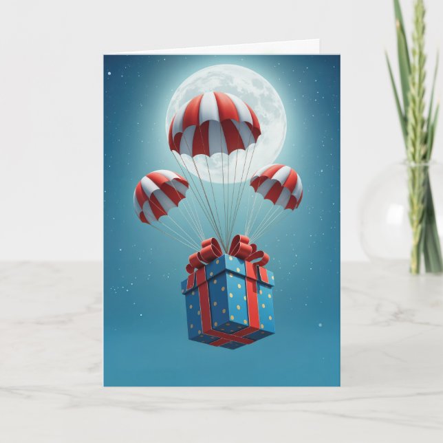Parachutes Delivering a Christmas Gift  Card (Front)