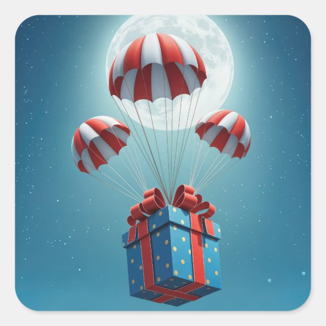 Parachutes Delivering a Christmas Gift  Square Sticker (Front)