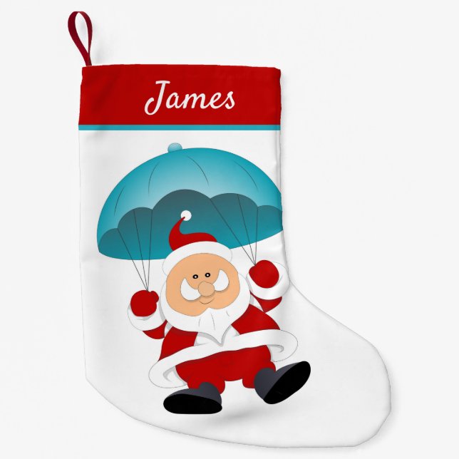 Parachuting Modern Santa Claus Personalized Name Small Christmas Stocking (Front)
