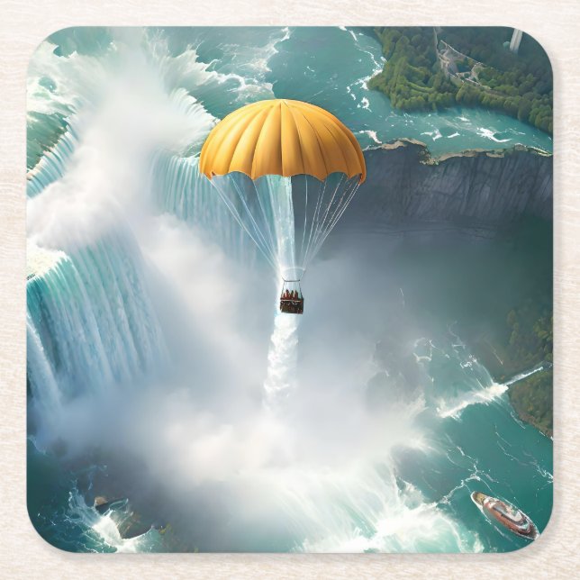 Parachuting Over Niagara Falls In A Basket, Square Paper Coaster (Front)