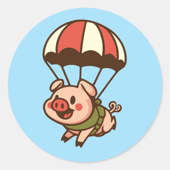 Parachuting pig classic round sticker (Front)