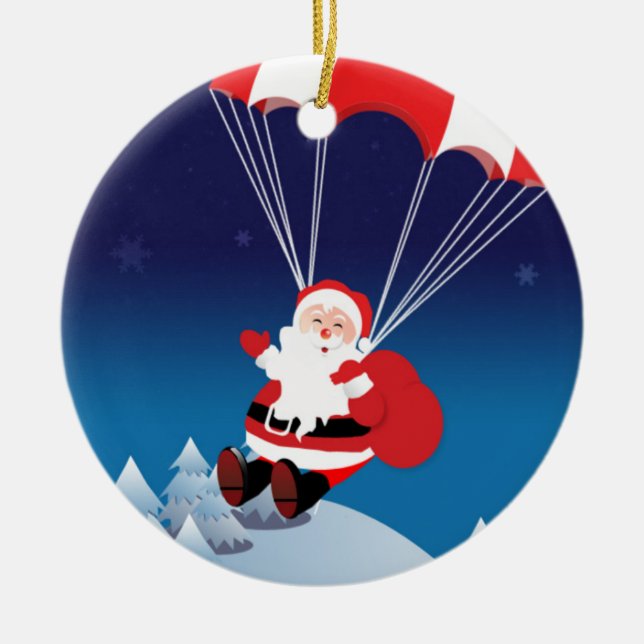 Parachuting Santa Ceramic Ornament (Front)