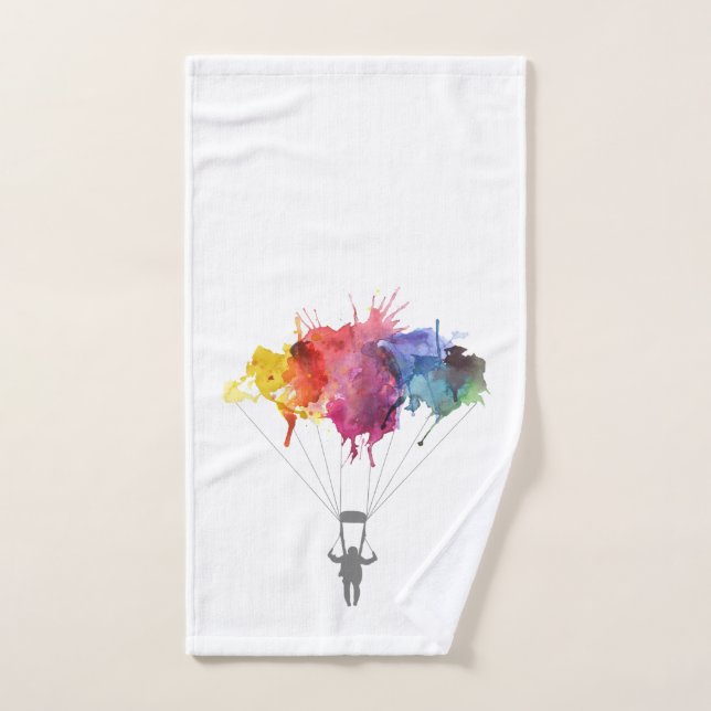 Parachutiste, parachute. Sport de parachutisme. (Serviette à main)