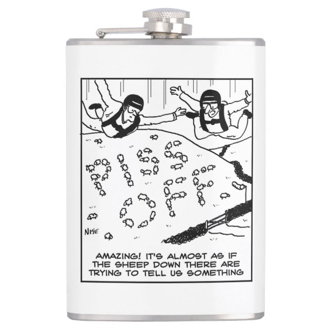 Parachutists Believe that Sheep have a Message Hip Flask (Front)