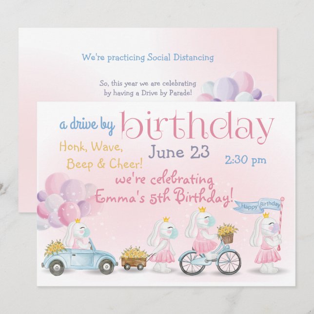 Parade of Pink Bunnies  Drive By  Birthday Invitation (Front/Back)