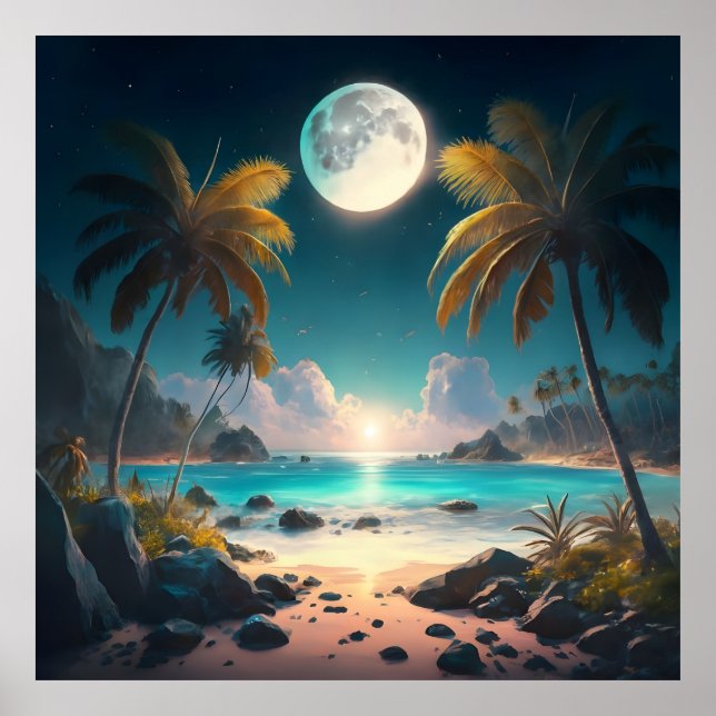 paradis tropical la nuit, avec palmiers Poster (Devant)